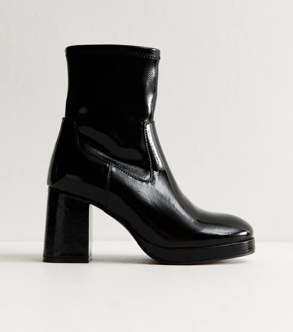 Women's Black Faux Leather Platform Block Heel Ankle Boots Vegan