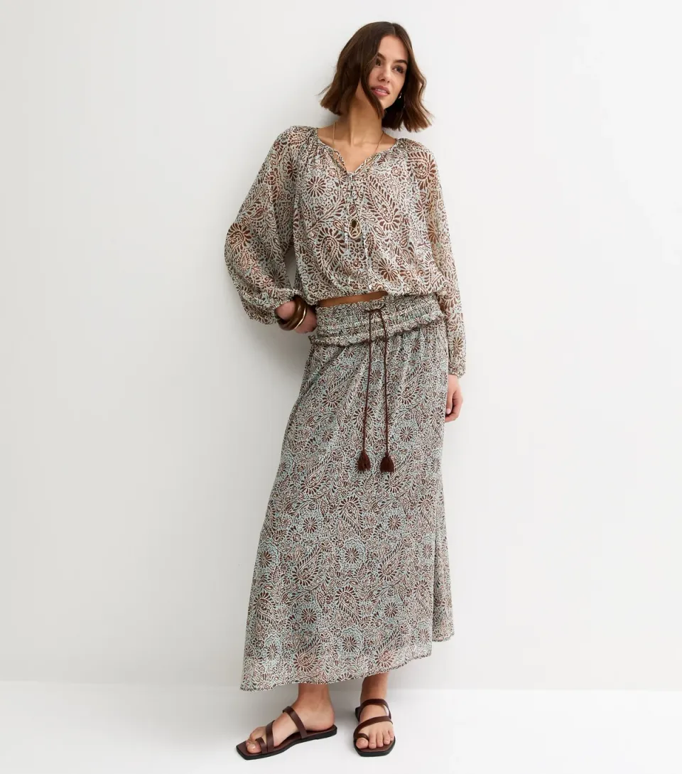 Women's Blue Paisley Chiffon Tassel Tie Midi Skirt
