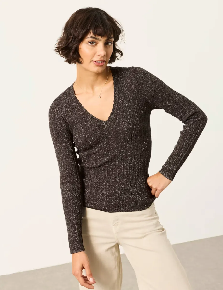 Merino Wool Rich Sparkly V Neck Jumper