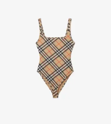 Check Swimsuit in Sand beige
