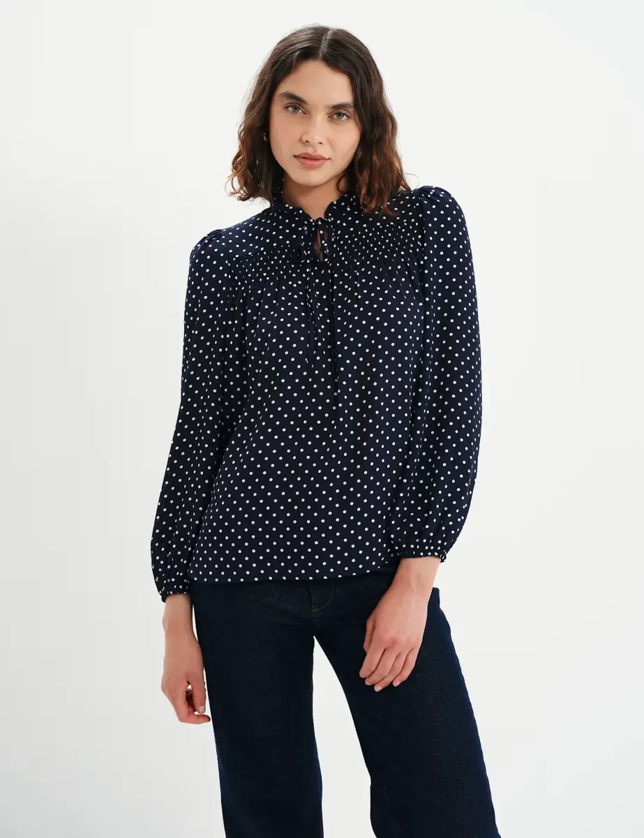 Polka Dot V-Neck Blouse Navy Mix