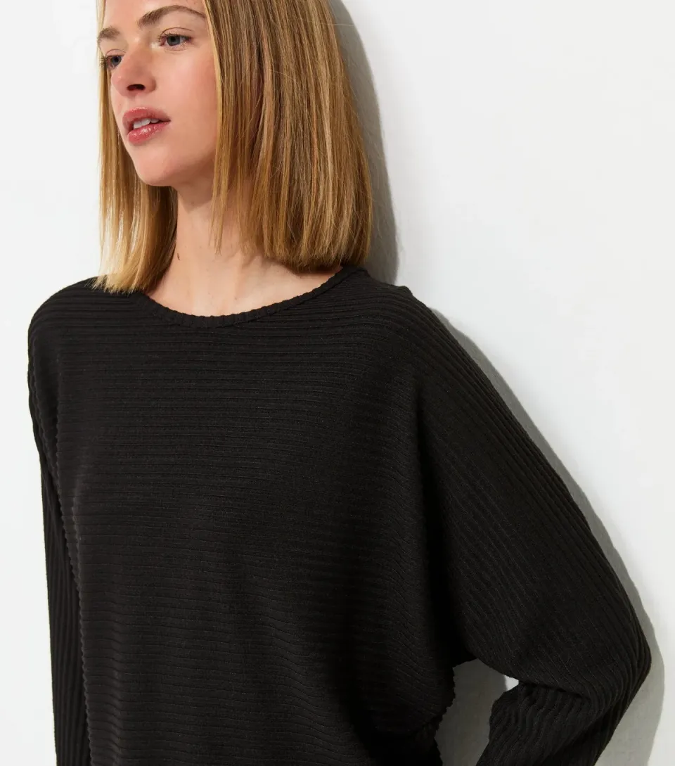 Women's Black Soft Touch Ribbed Batwing Sleeve Top