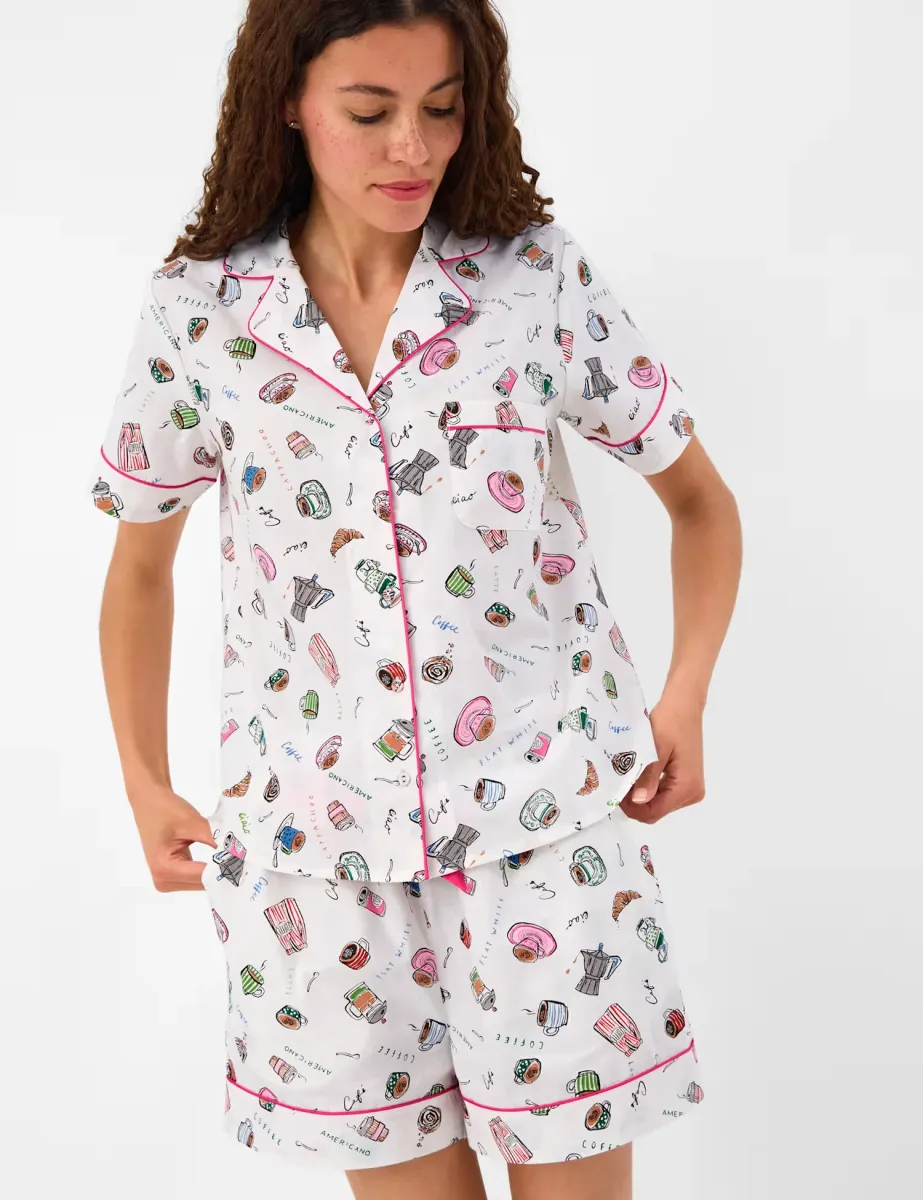 Pure Cotton Coffee Print Pyjama Set White Mix