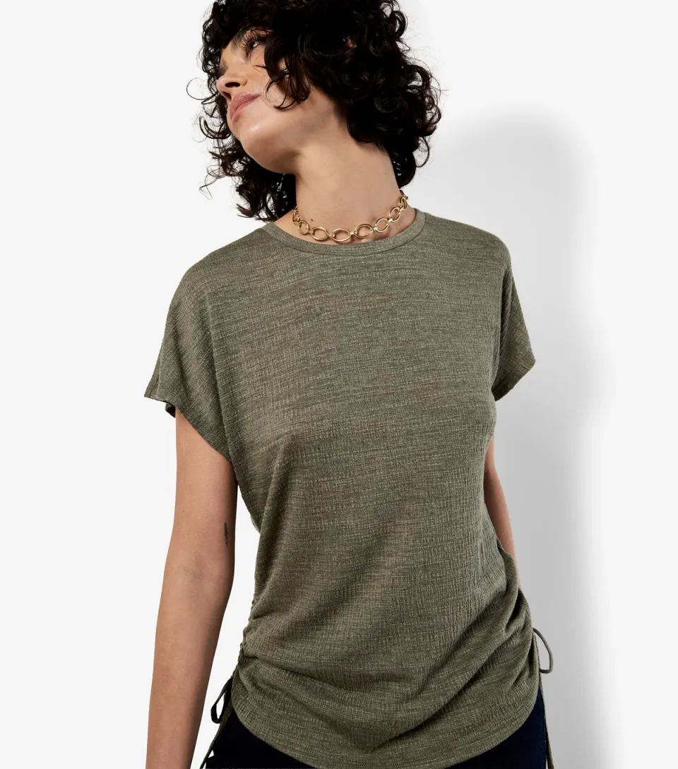 Women's Dark Khaki Textured Ruched Seam T-Shirt