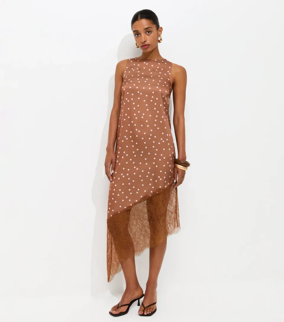 Women's Brown Satin Spot Print Asymmetric Lace Hem Midi Dress
