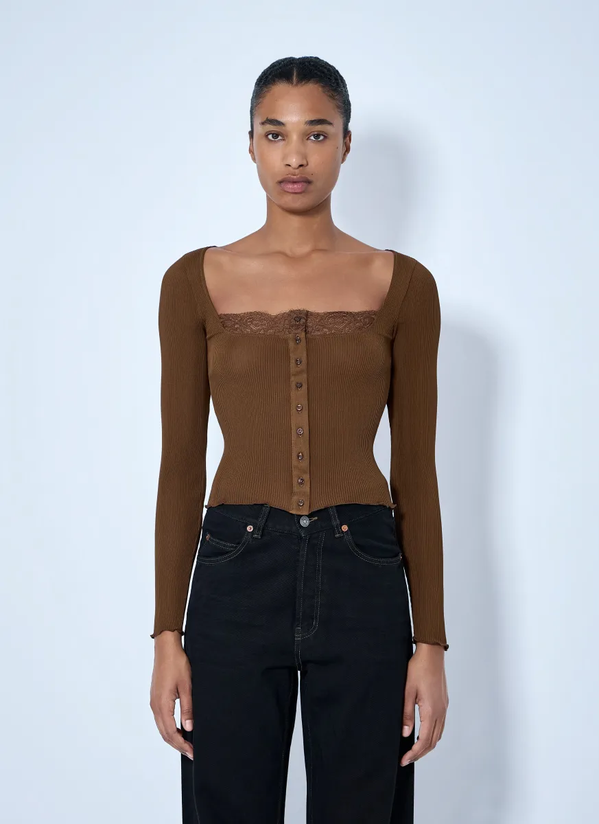 Ribbed Lacy Button Up Top