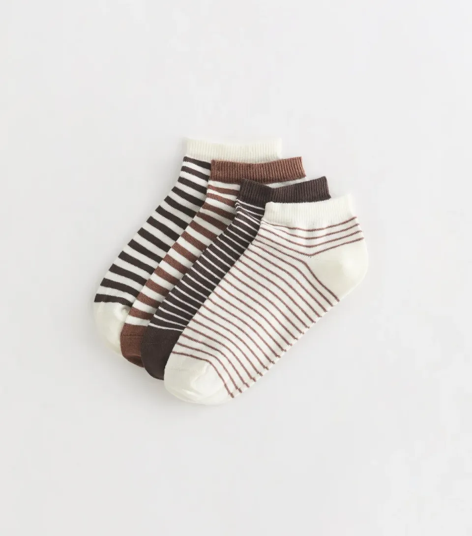 Pack of 4 Brown Cotton Rich Striped Trainer Socks