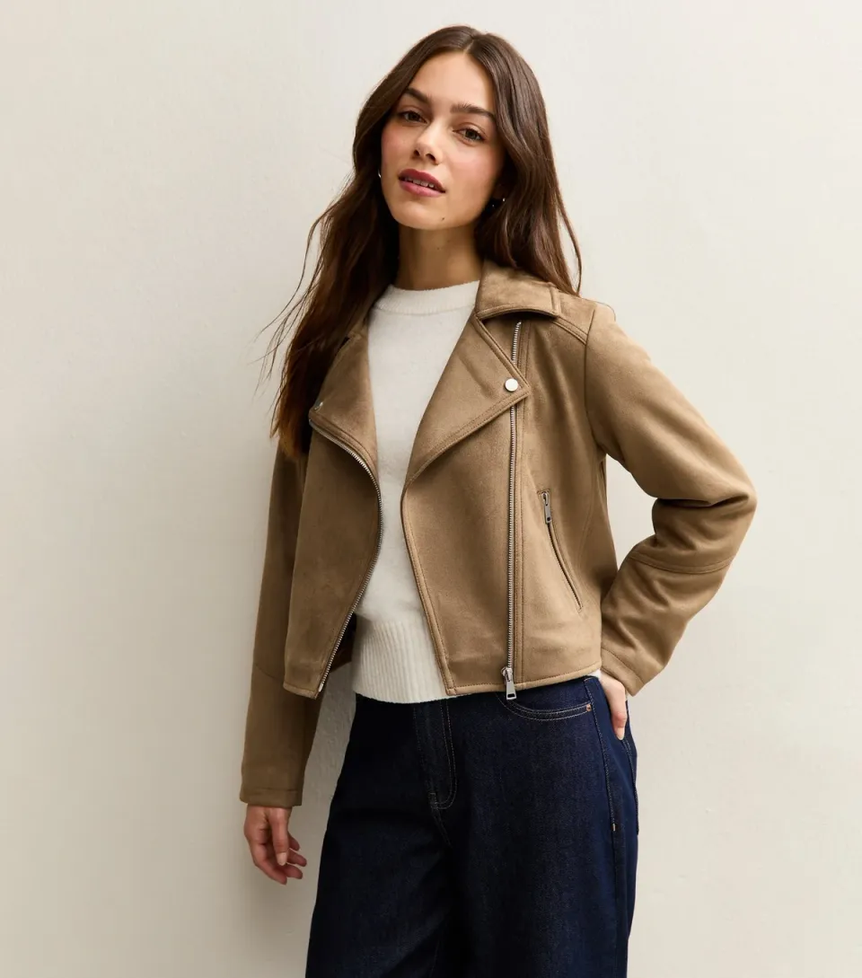 Women's Petite Tan Faux Suede Biker Jacket