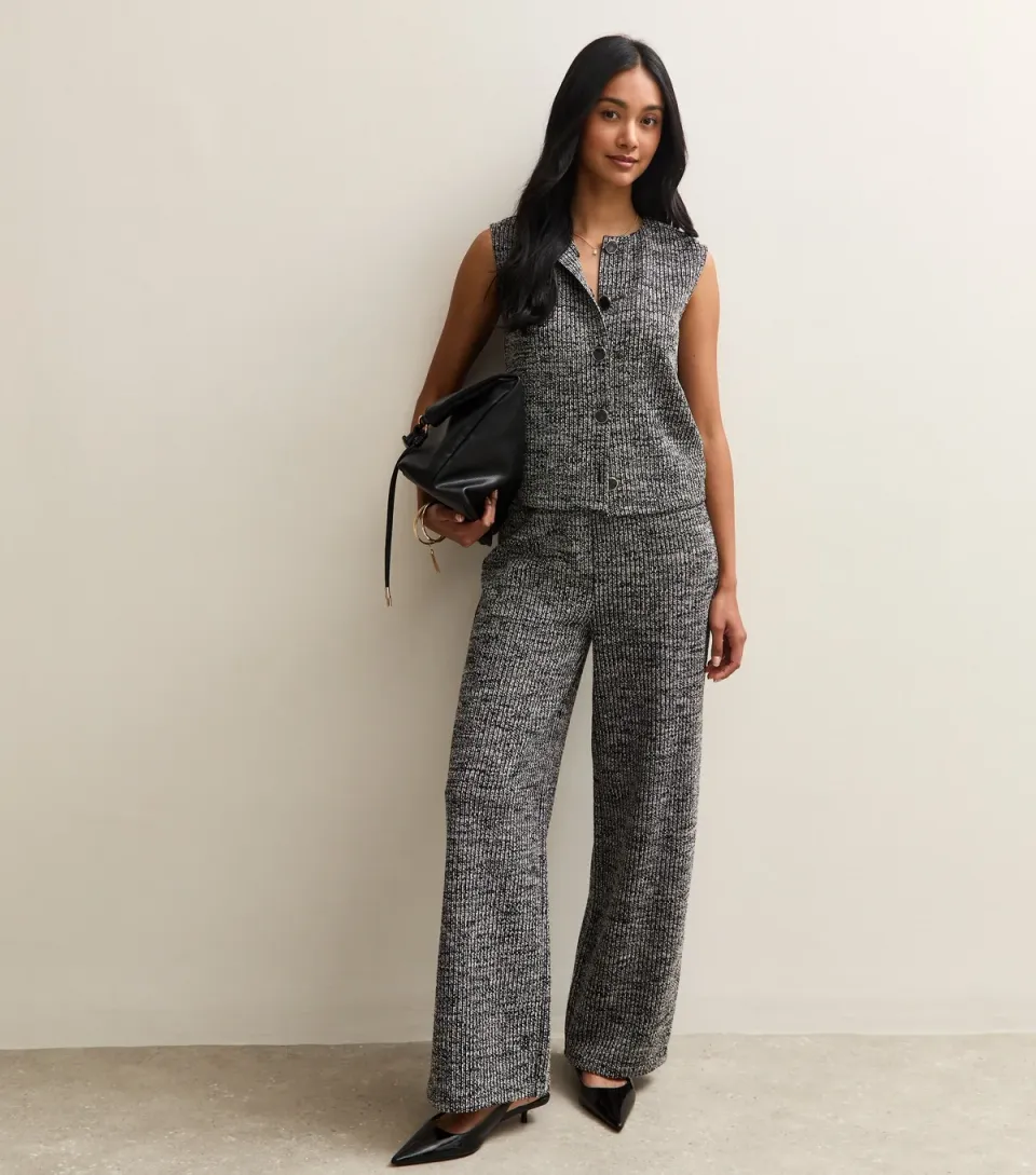 Women's Black Soft Touch Ribbed Knit Wide Leg Trousers