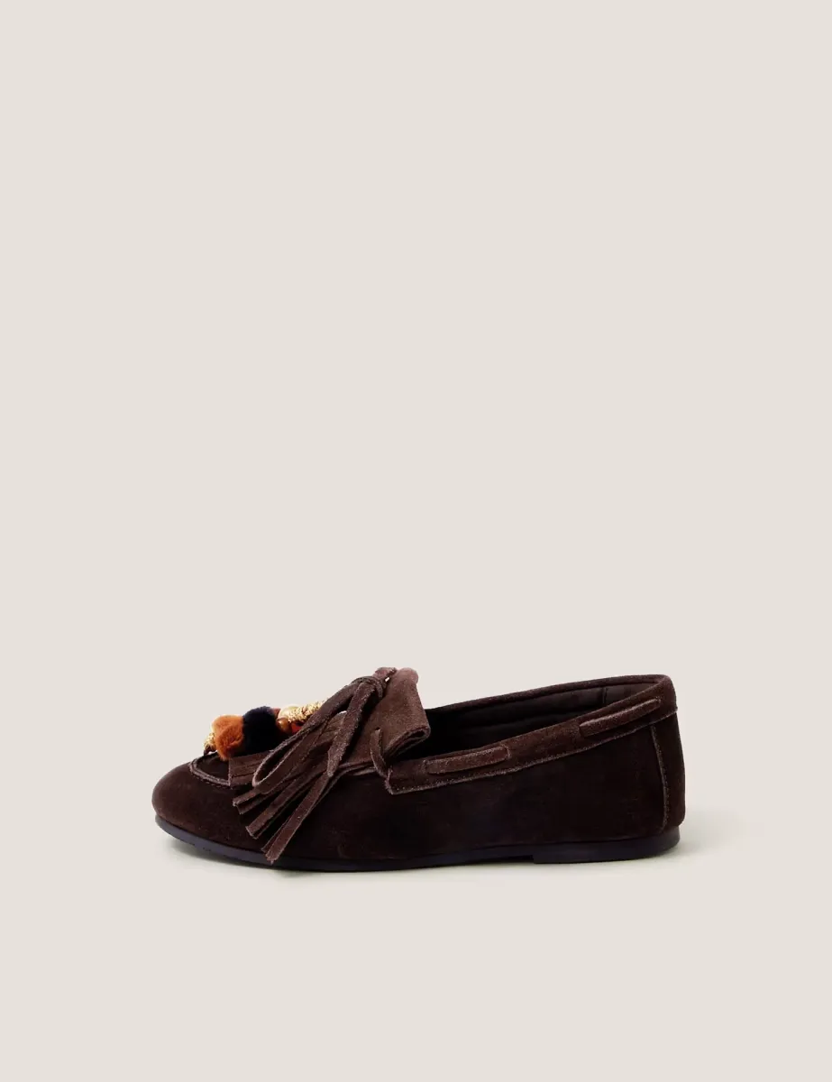 Suede Slip On Tassel Flat Loafers Chocolate