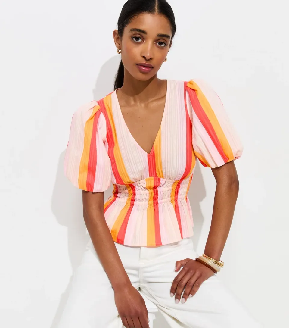 Women's Multicolour Cotton Candy Stripe Shirred Waist Tea Blouse
