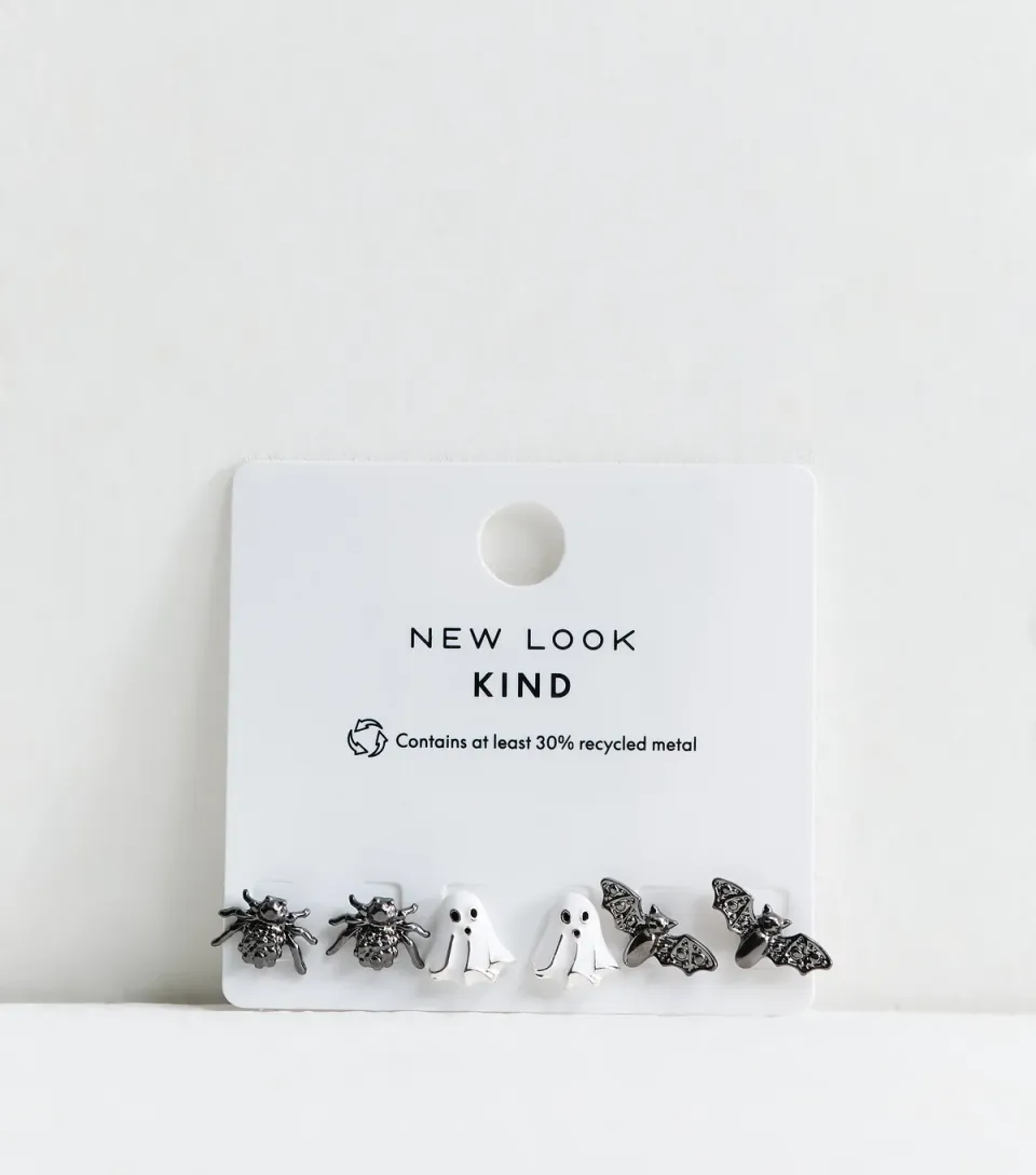 Silver Tone Pack Of 3 Halloween Spider Ghost and Bat Stud Earrings