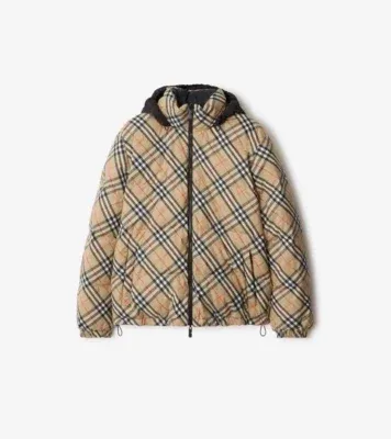 Reversible Check Snowdon Puffer Jacket in Sand beige