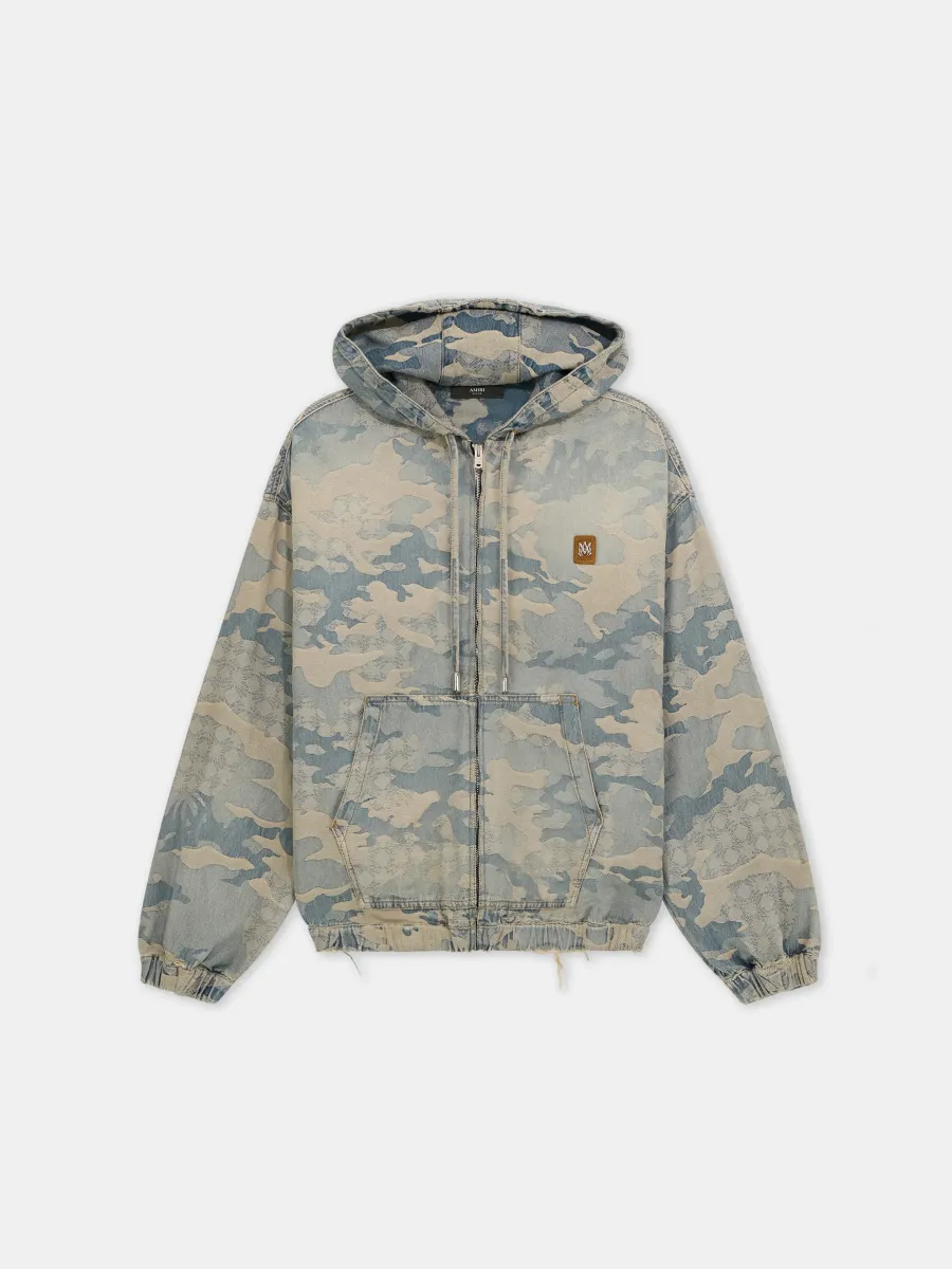 CAMO JACQUARD DENIM ZIP HOODIE - Camo Indigo