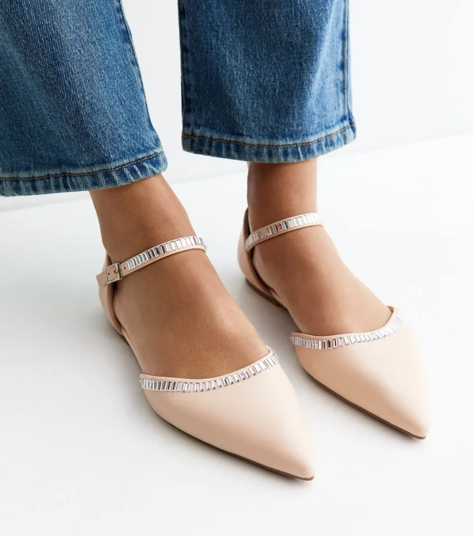 Women's Cream Faux Leather Embellished Flats Vegan