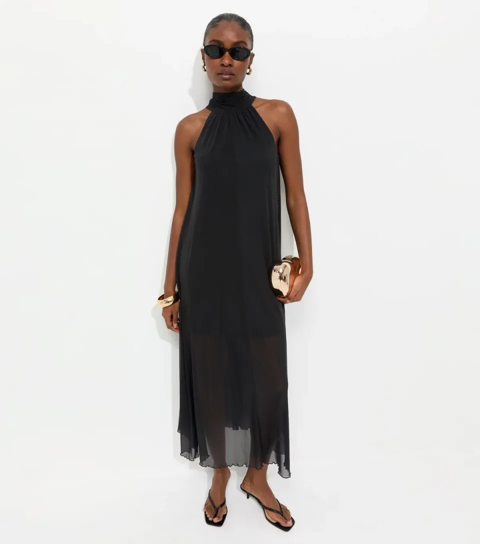Women's Black Mesh Halter Neck Midaxi Dress