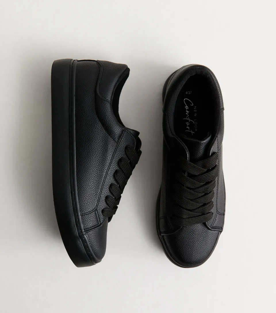 Women's Black Faux Leather Lace Up Trainers Vegan