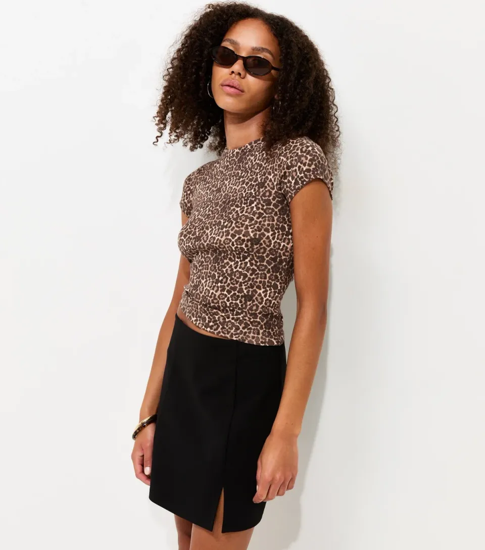 Women's Brown Cotton Rich Leopard Print Baby Tee T-Shirt