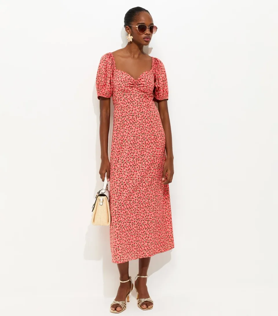 Women's Pink Floral Print Crepe Midi Dress