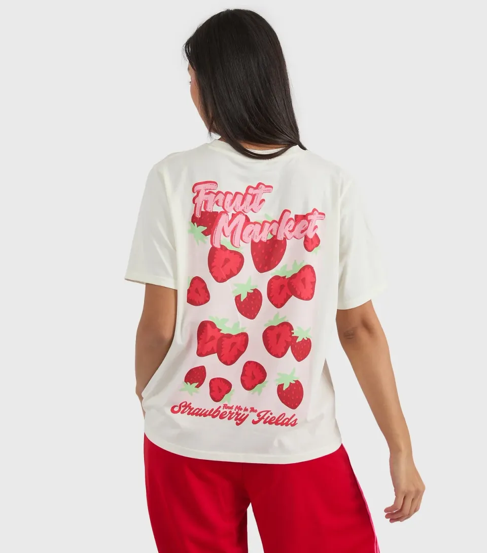 Women's Custard White Fruit Market Print T-Shirt