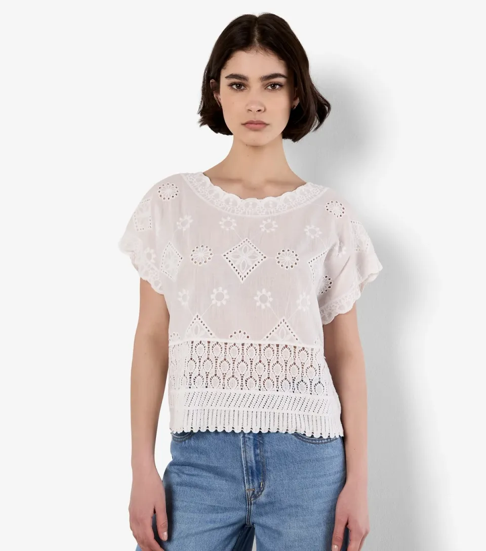 Women's White Embroidered Mesh and Lace Top