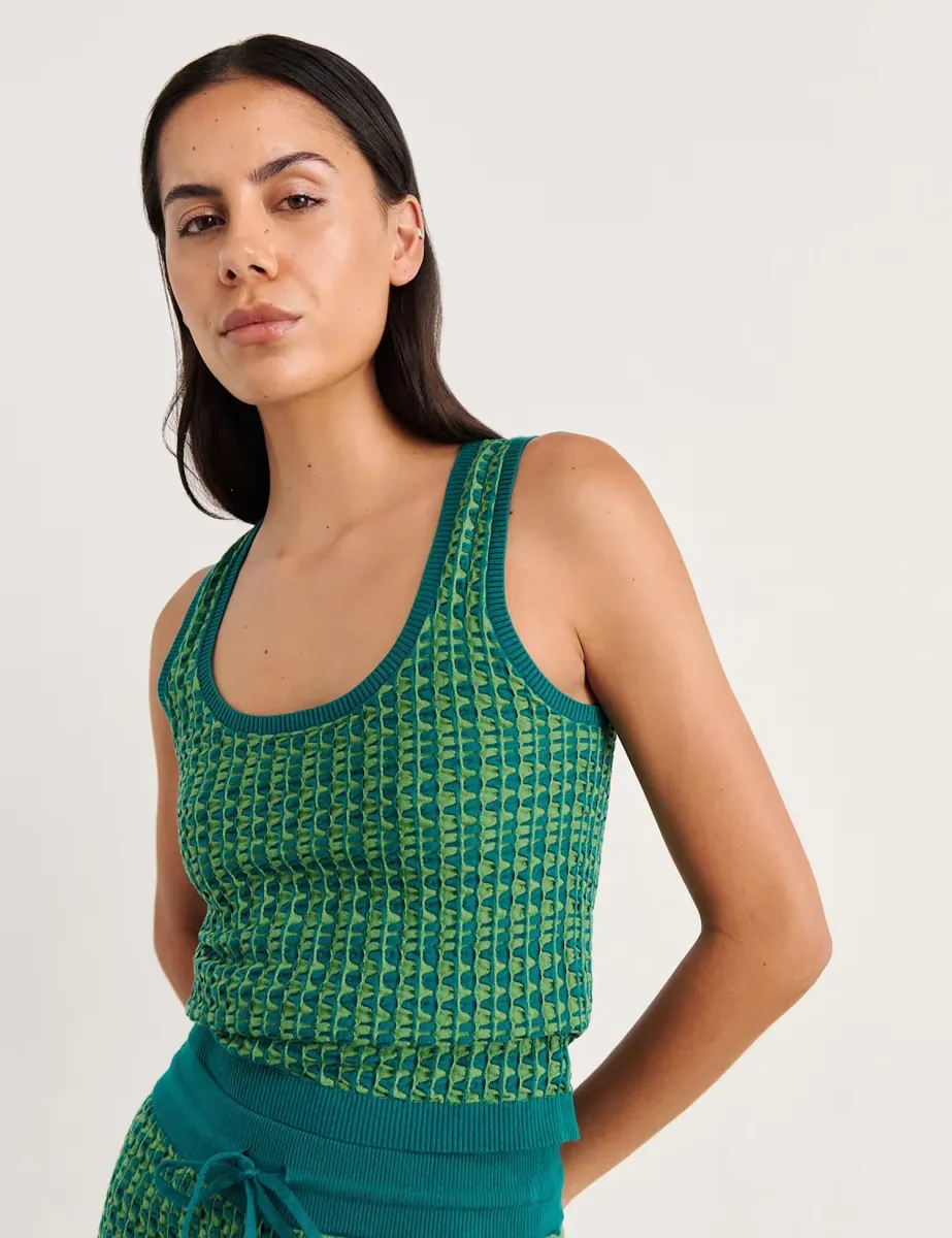 Pure Cotton Textured Scoop Neck Knitted Vest Green