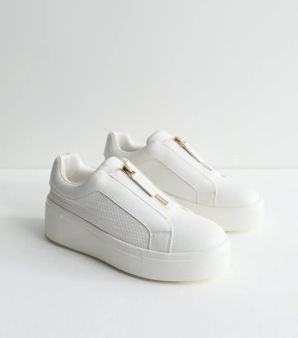 Women's White Faux Leather Zip Top Wedge Trainers Vegan