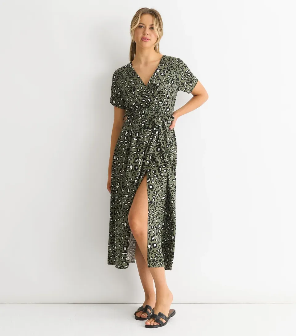 Women's Khaki Animal Print Wrap Style Midi Dress