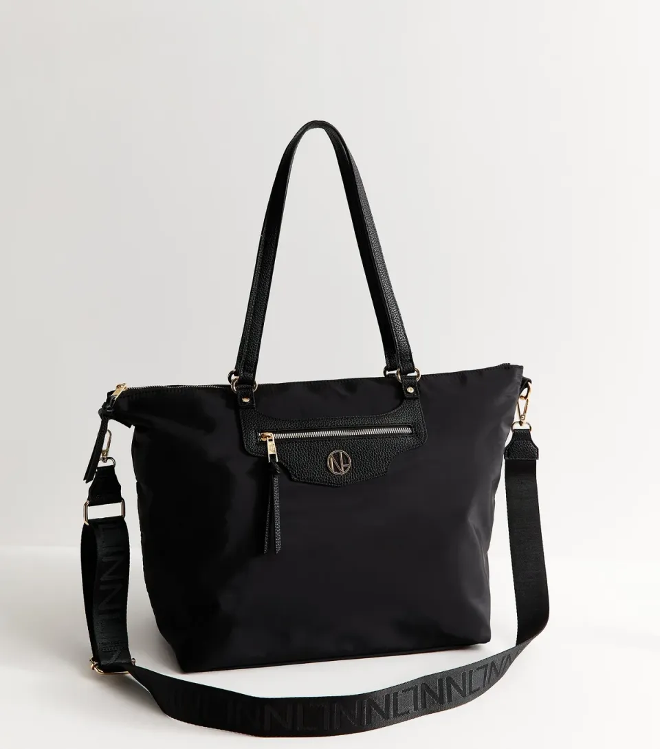 Black Faux Leather Logo Plaque Front Pocket Tote Bag Vegan
