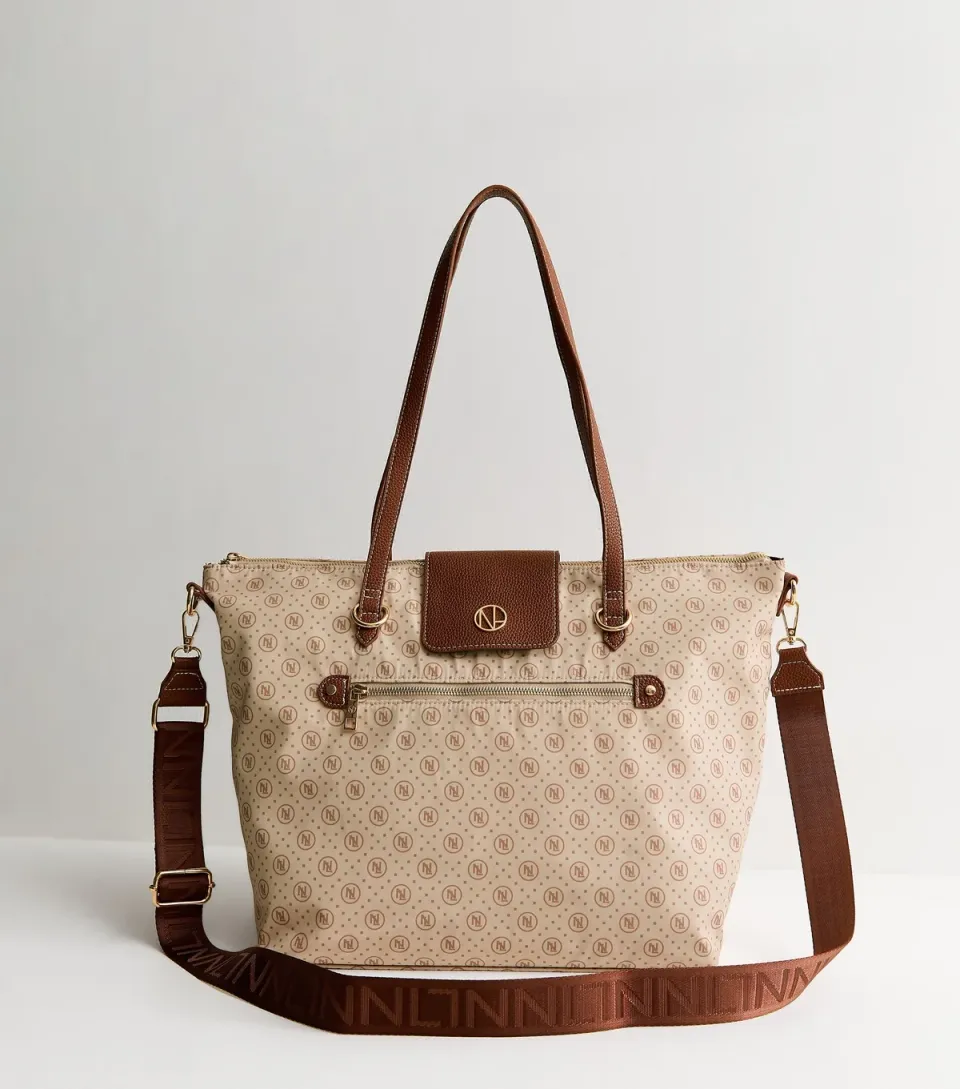 Brown Woven Monogram Print Tote Bag