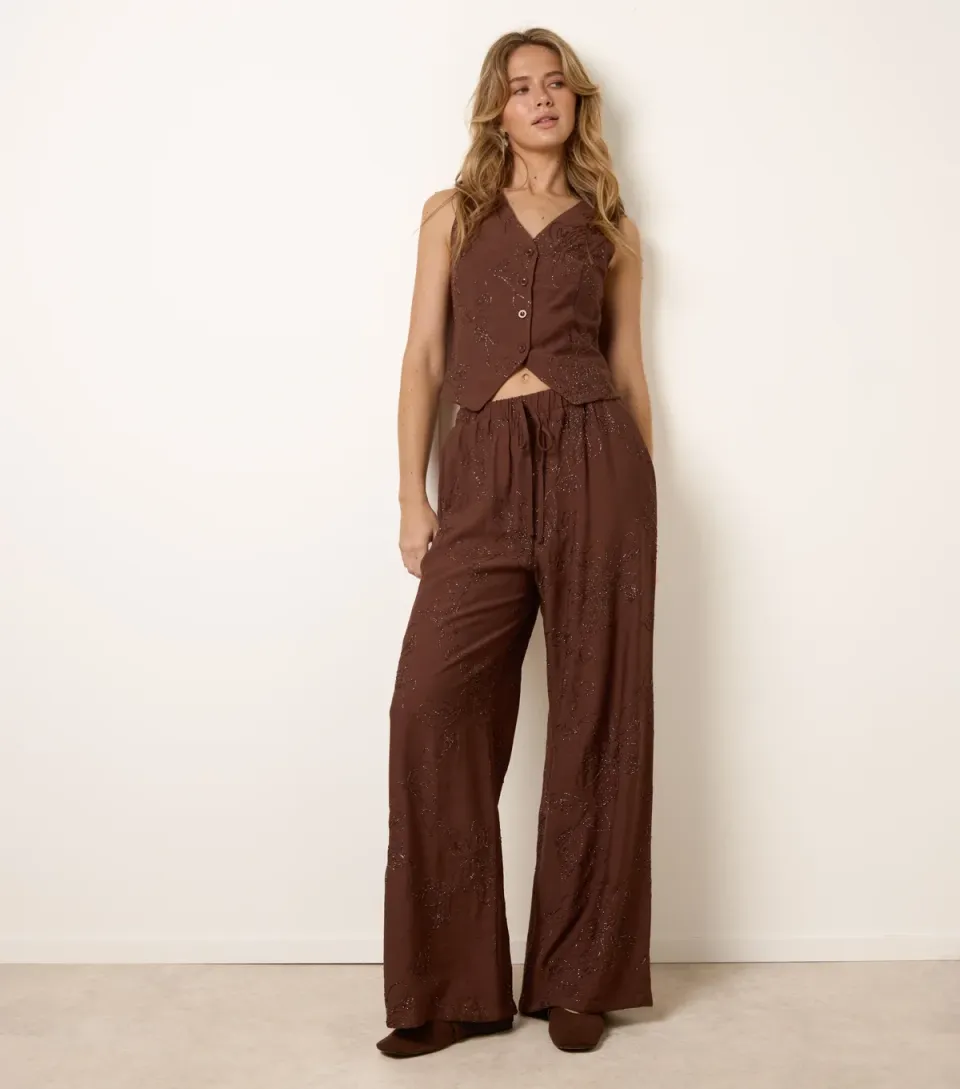 Women's Dark Brown Flower Embroidered Waistcoat Trouser Set