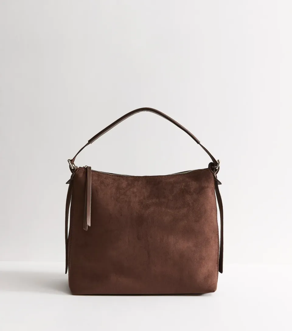Dark Brown Faux Suede Hobo Shoulder Bag