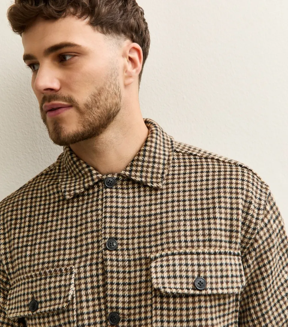 Men's Brown Check Long Sleeve Heavyweight Overshirt
