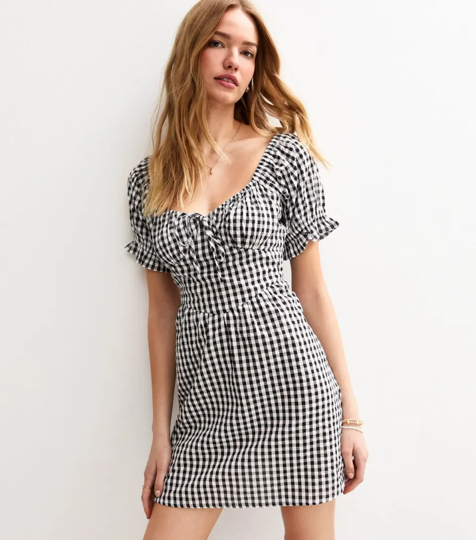 Women's Black Gingham Print Puff Sleeve Mini Dress
