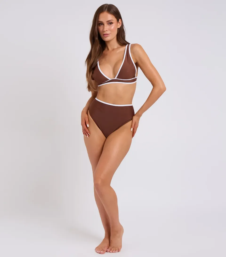 Women's Brown Contrast Trim Bikini Bottoms