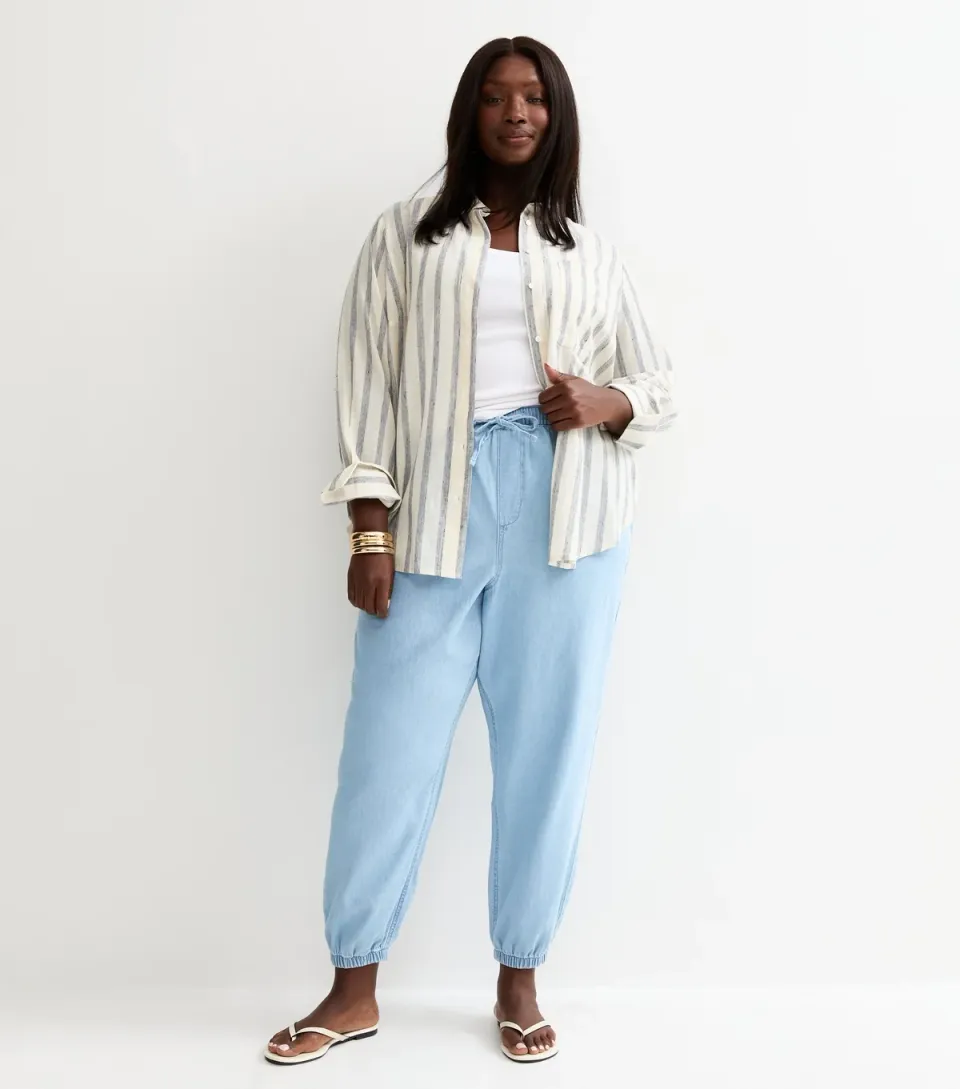 Women's Plus Size Blue Chambray Tapered Drawstring Trousers Curves