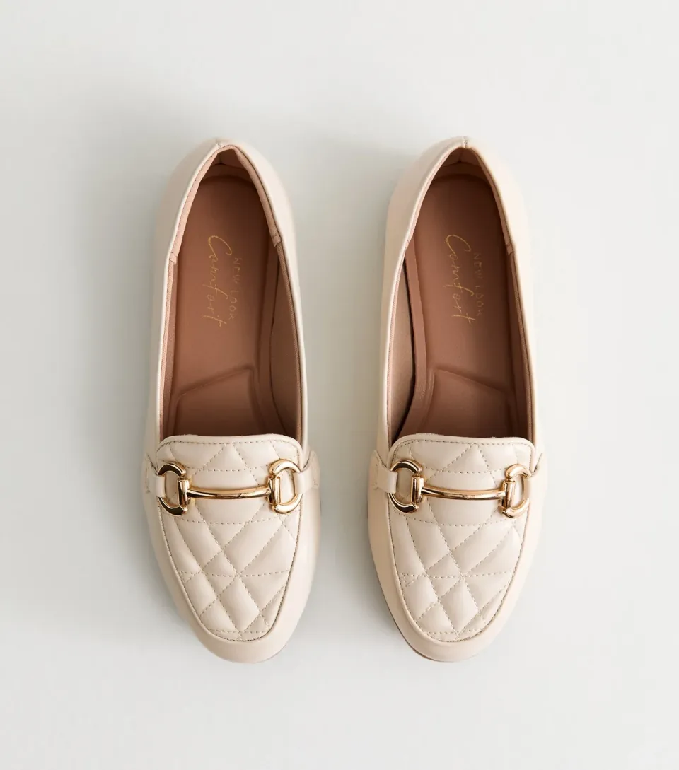 Women's Wide Fit Off White Quilted Faux Leather Loafers