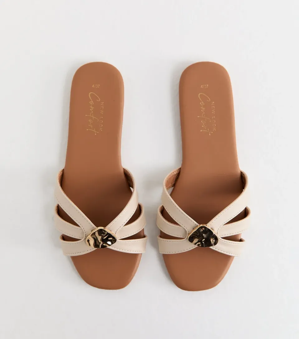 Women's Off White Faux Leather Hammered Hardware Flat Mule Sandals Vegan