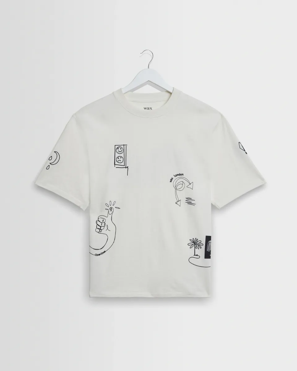 Milton - Ecru and Navy Doodle Graphic Organic Cotton t-Shirt