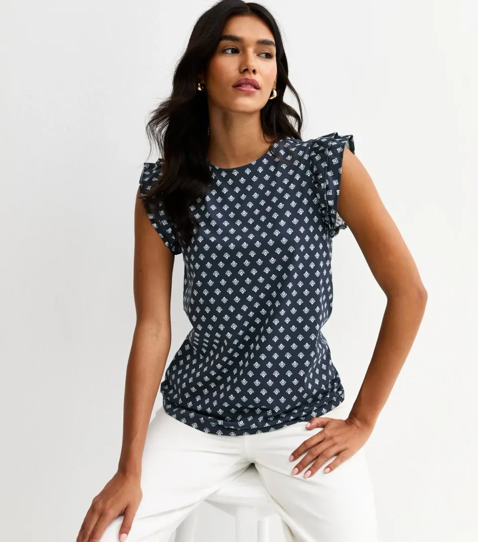 Women's Blue Cotton Frilly Cap Sleeve Top