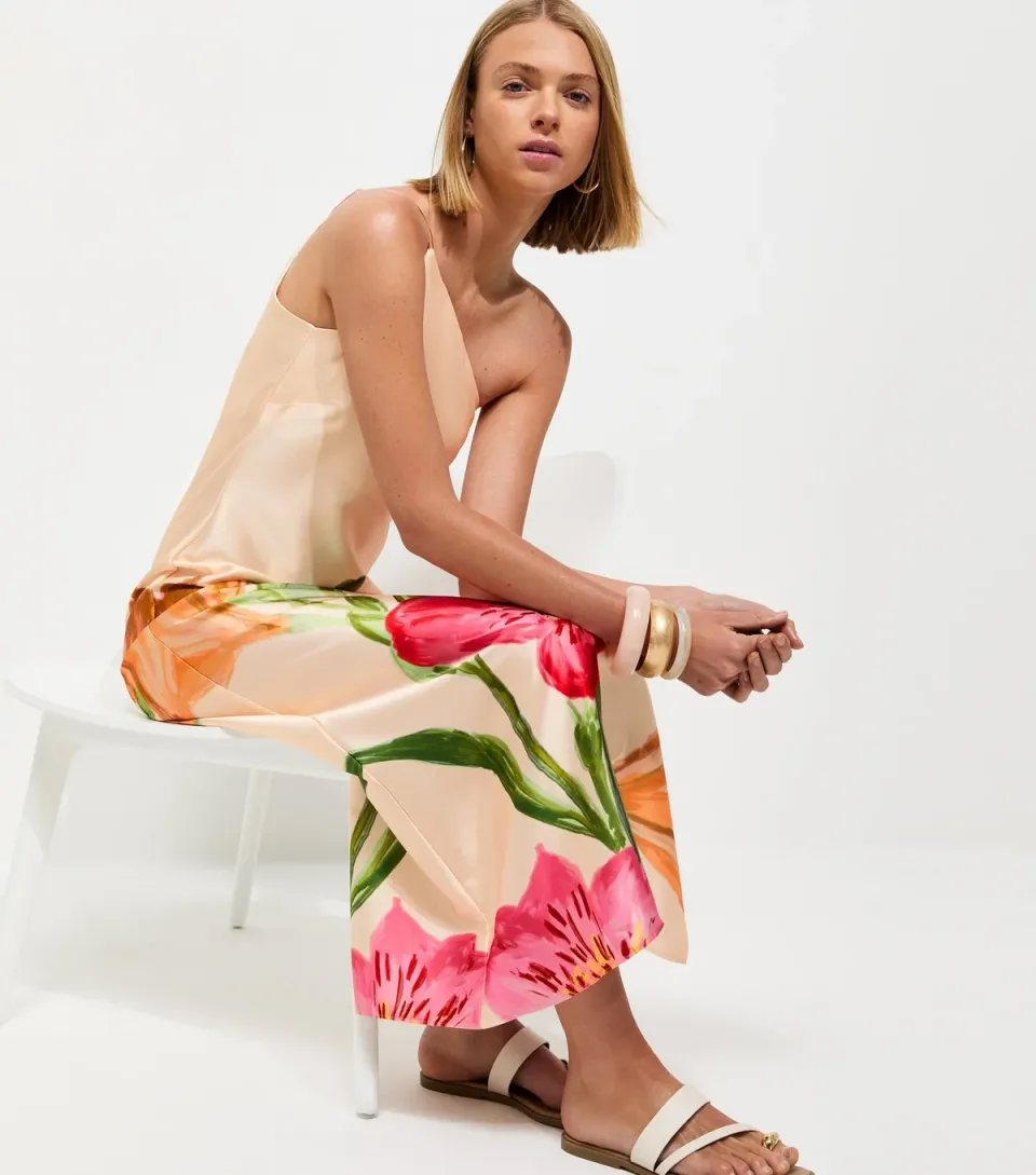 Women's Brown Satin Floral One Shoulder Midi Dress
