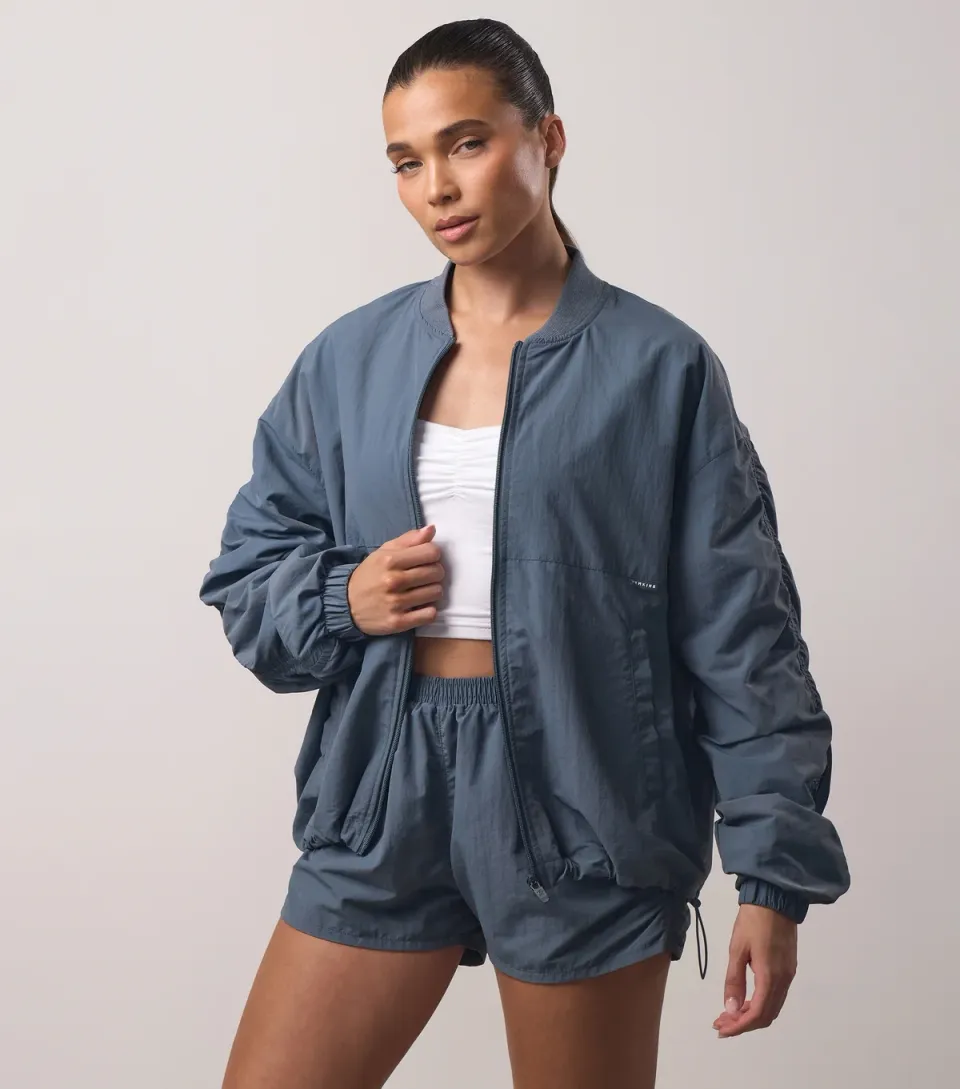 Women's Blue Ruched Bomber Jacket