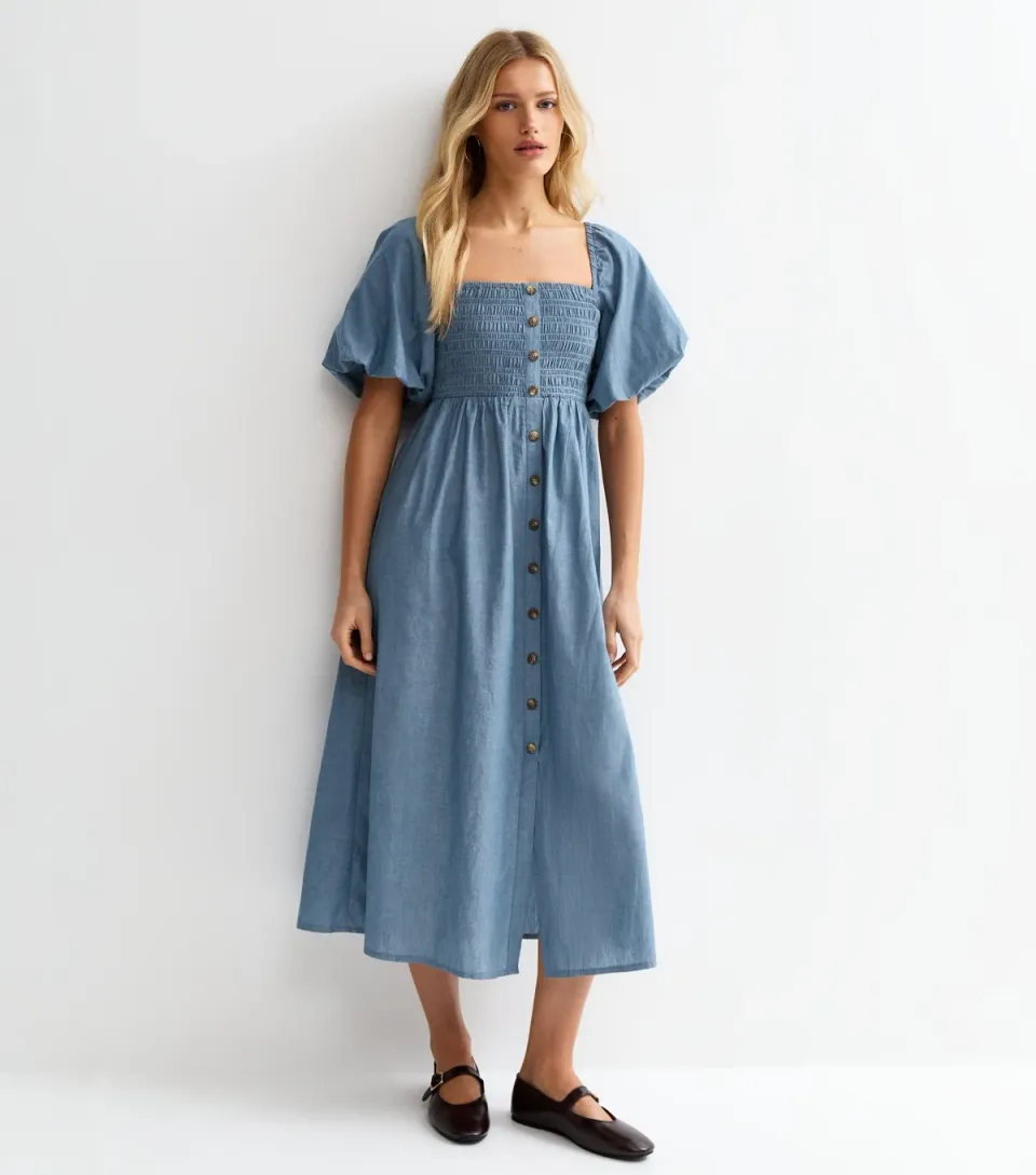 Women's Light Blue Chambray Milkmaid Midi Dress