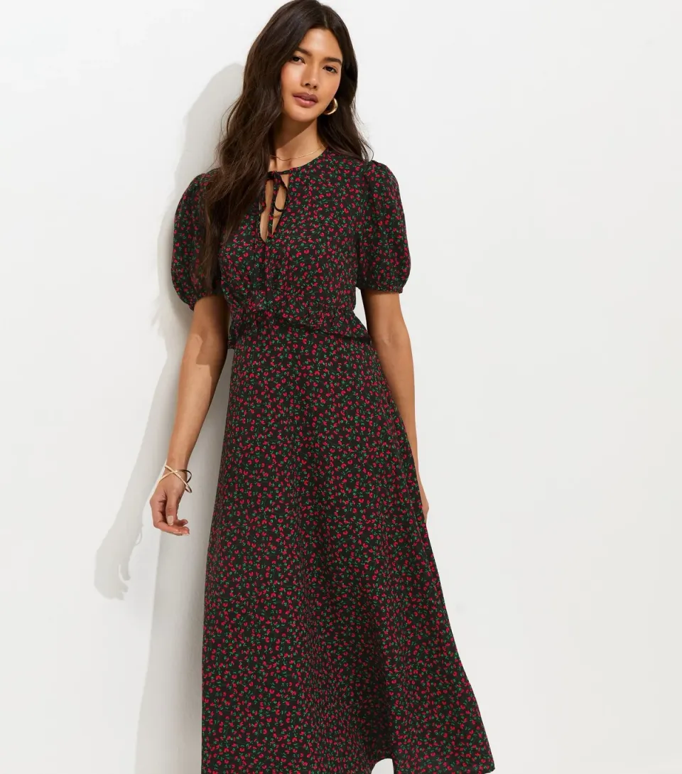 Women's Black Floral Short Sleeve Keyhole Midi Dress