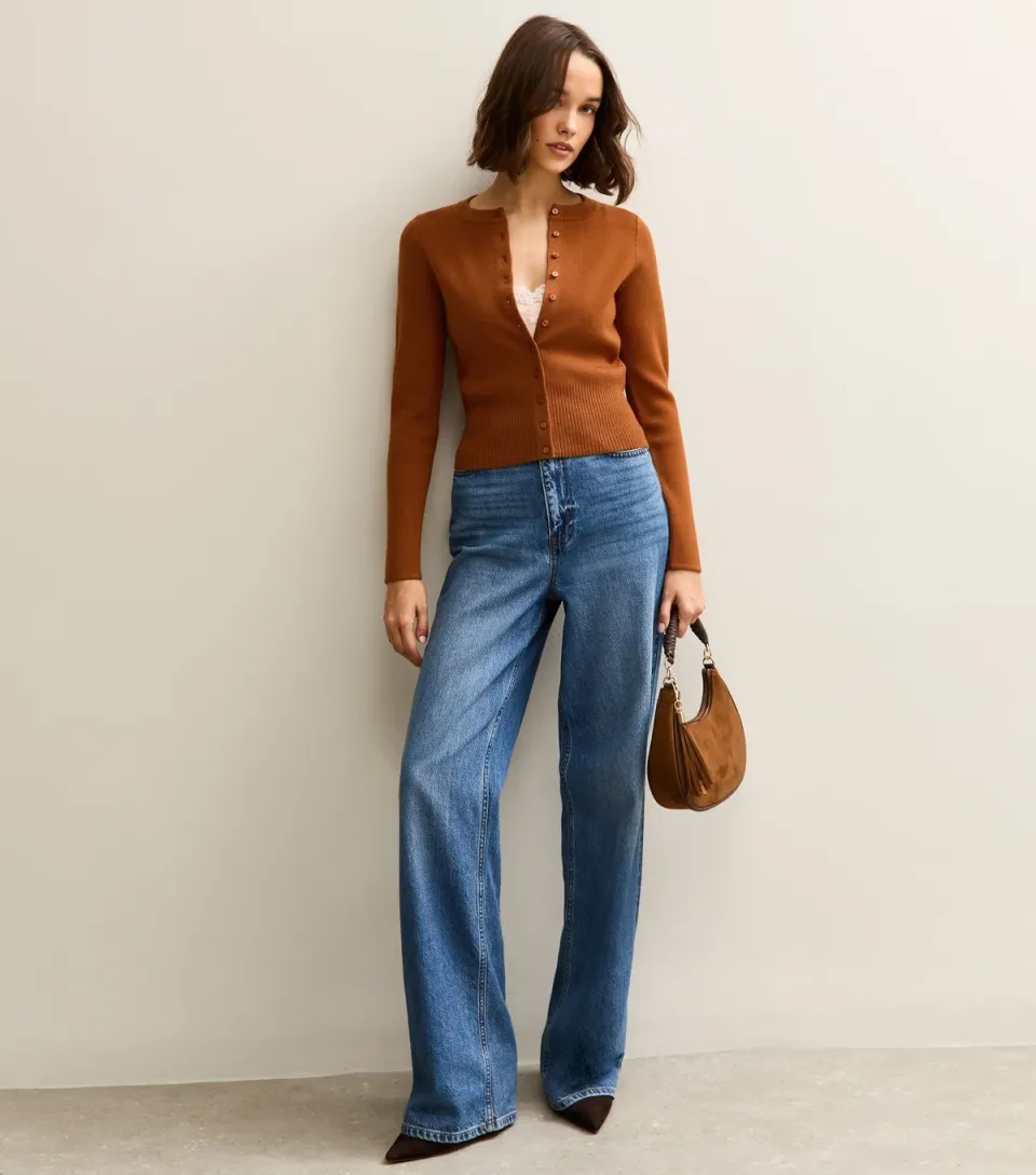 Women's Mid Blue Compact Knit Crew Neck Cardigan