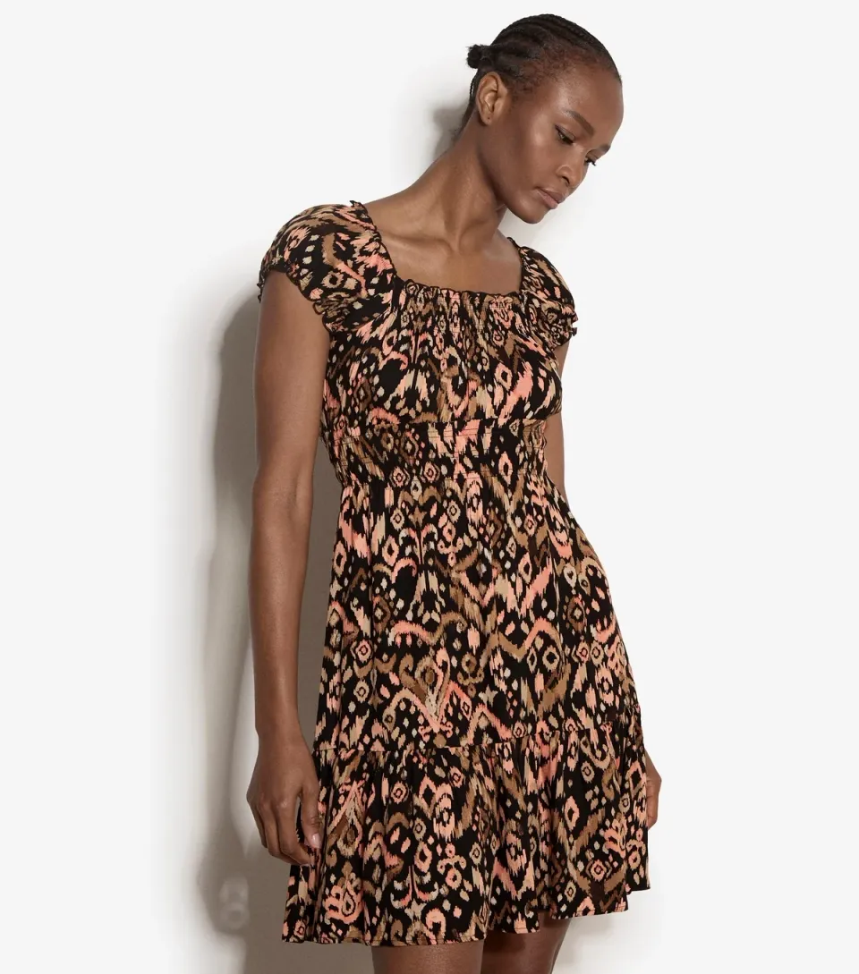 Women's Black Tie Dye Print Tiered Mini Dress