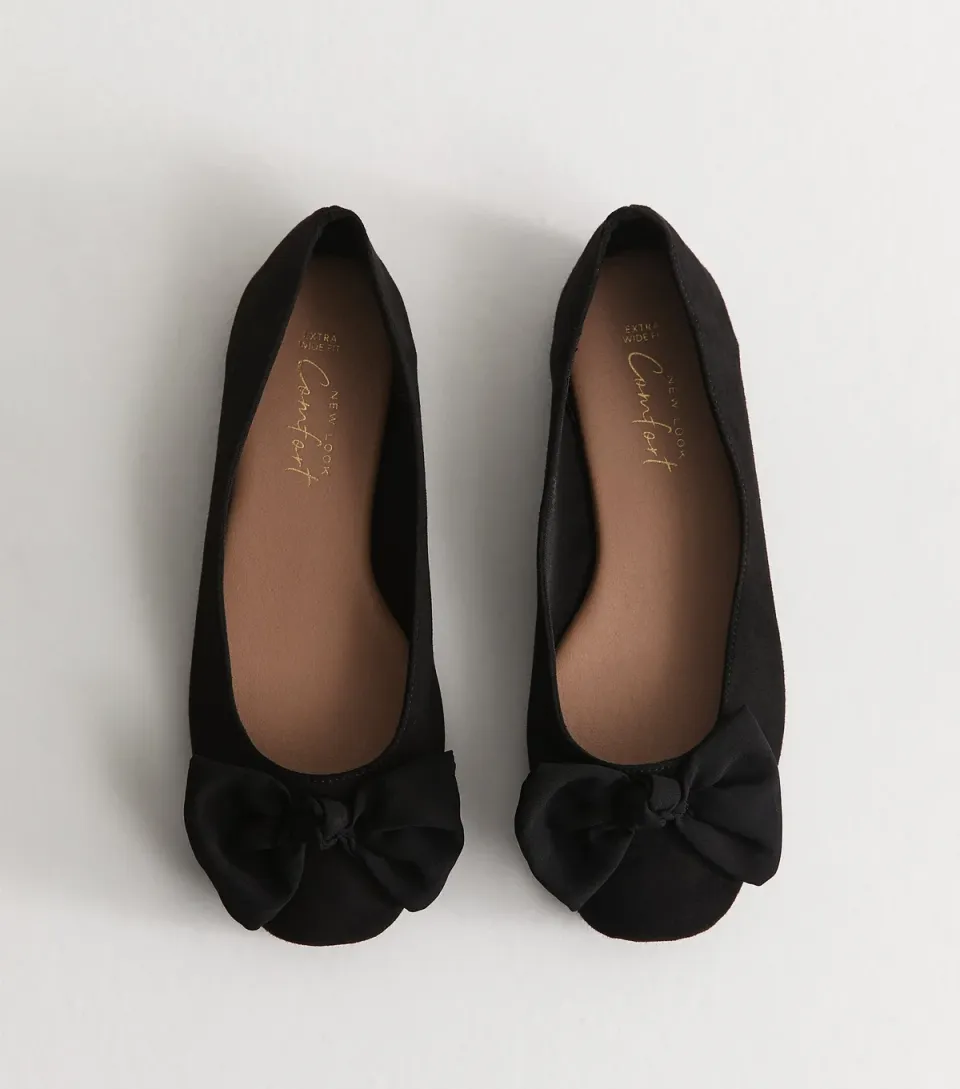 Women's Extra Wide Fit Black Faux Suede Ballerina Flats Vegan