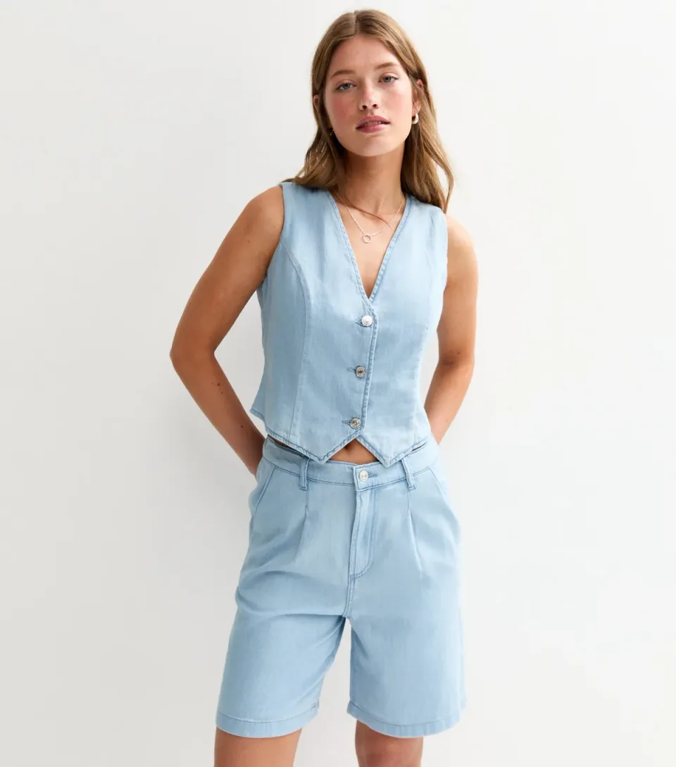 Women's Light Blue Cropped Soft Denim Waistcoat