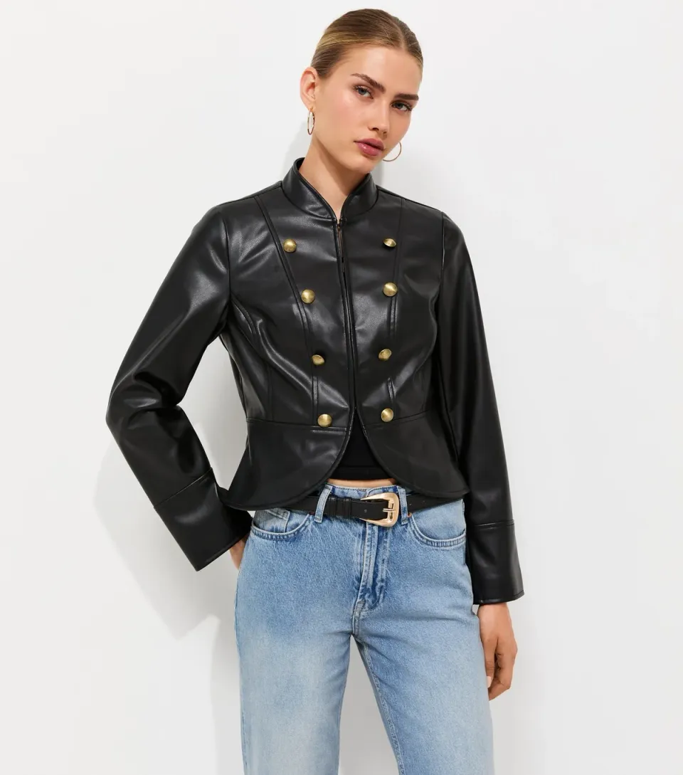 Women's Black Faux Leather Button Detail Fitted Jacket