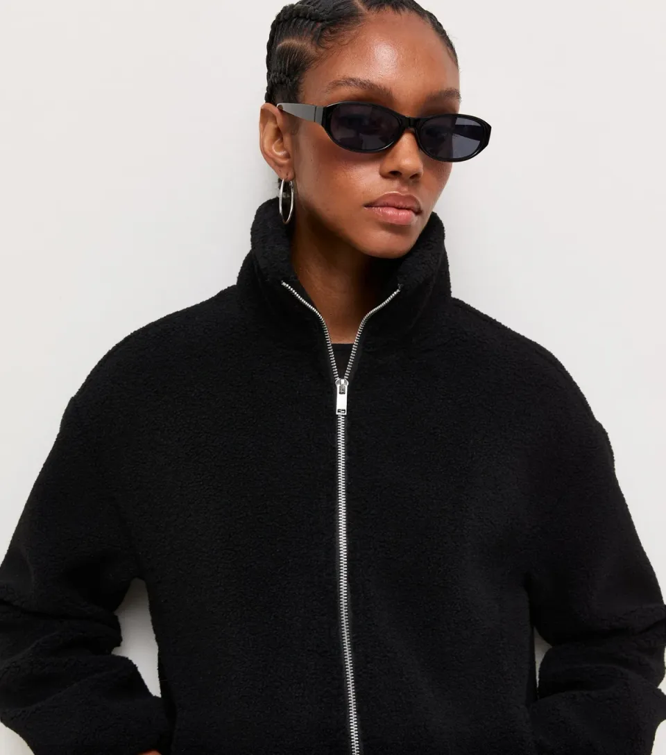 Women's Black Borg Texture Zip Front Jacket